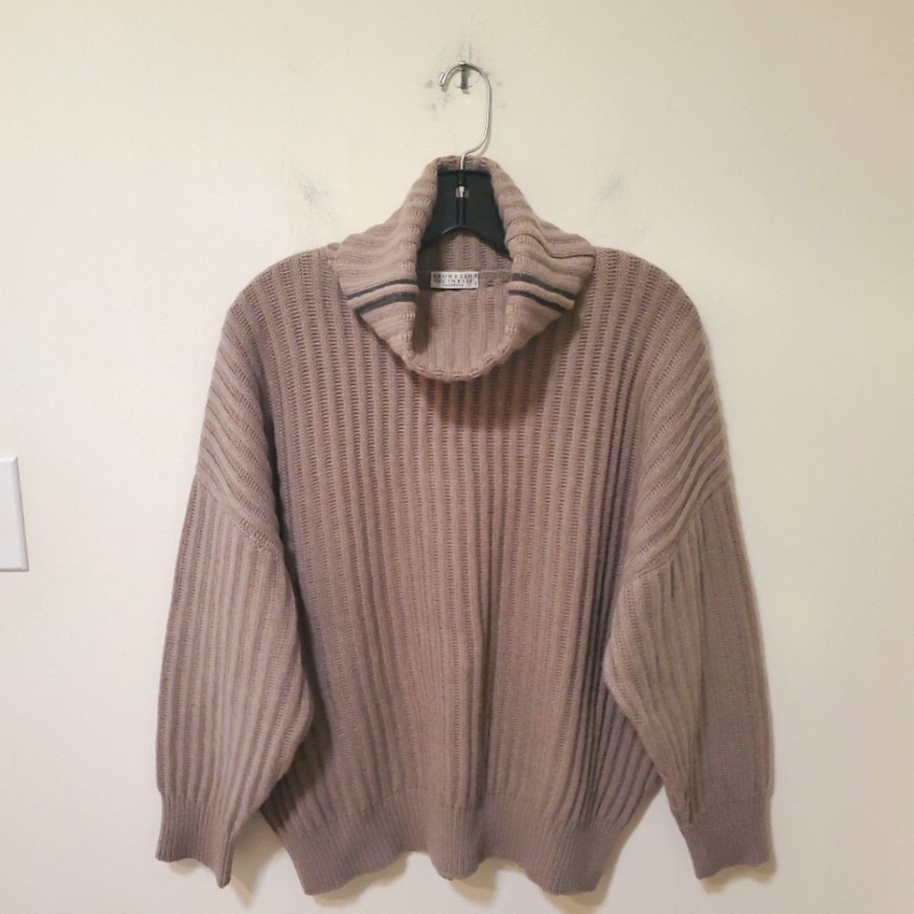 Brunello Cuchinelli Cashmere Cowl Neck Sweater With Monilli Stitching